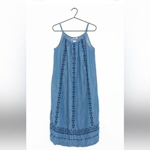GAP Chambray Embroidered Swing Midi Dress Small Boho Pockets